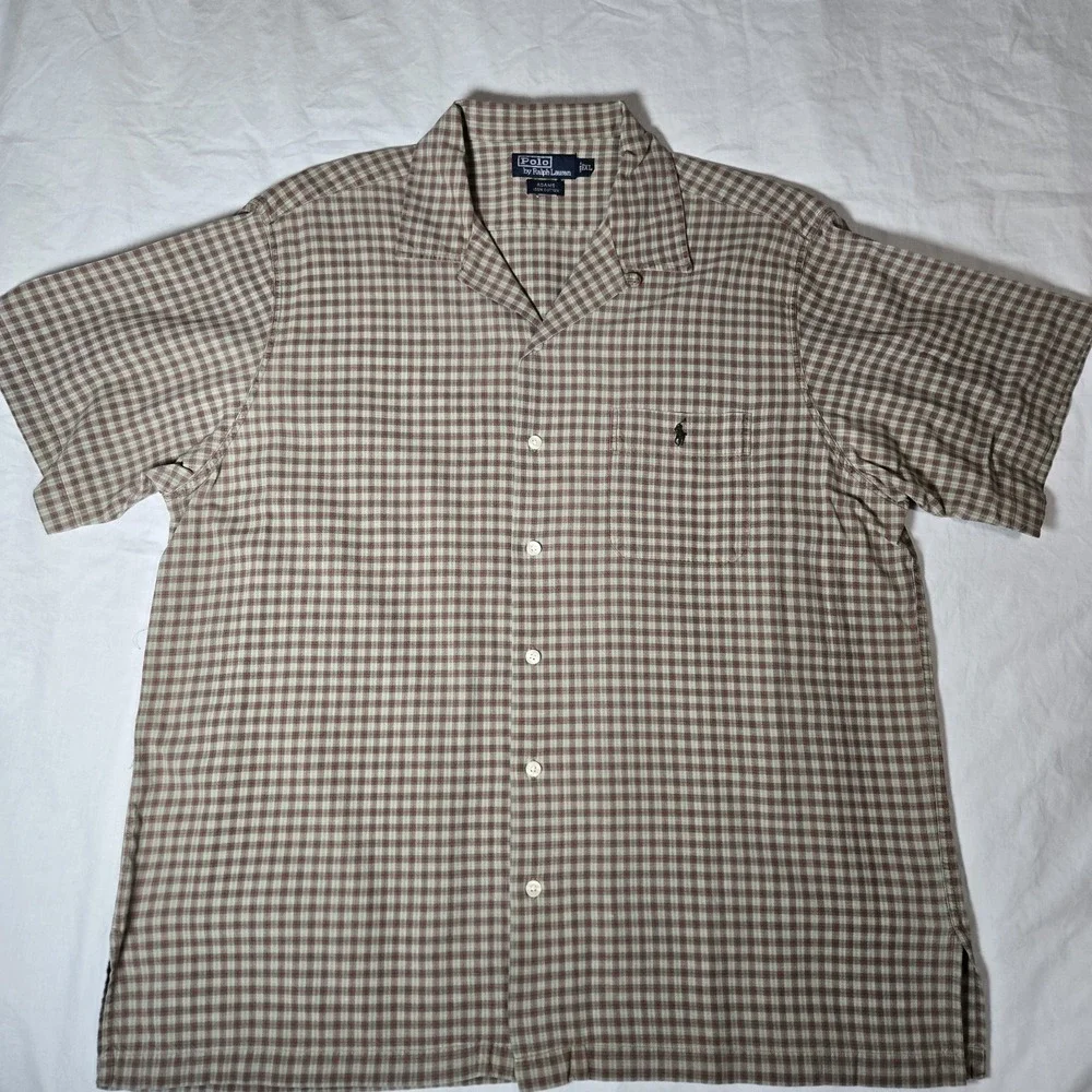 VTG Polo Ralph Lauren Adams Shirt Mens XL Tan Check  Loop Collar Short Sleeve‎